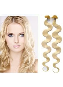 KERATIN- 100% Lidské vlasy k prodloužení REMY, přírodní Blond 45cm- vlnité 100pramenů- VÝPRODEJ