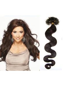 KERATIN- 100% Lidské vlasy k prodloužení REMY, tmavě hnědá 45cm- vlnité 100pramenů- VÝPRODEJ
